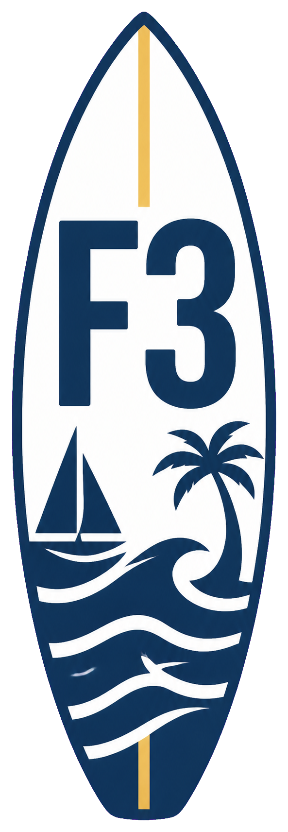 F3 surfboard mark with Galveston waves, sailboat and palm tree